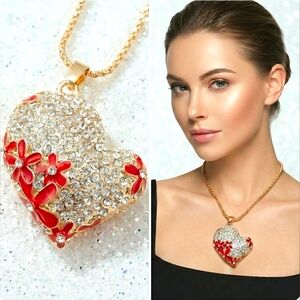 18 karat gold plated Crystal red flower heart pendant necklace